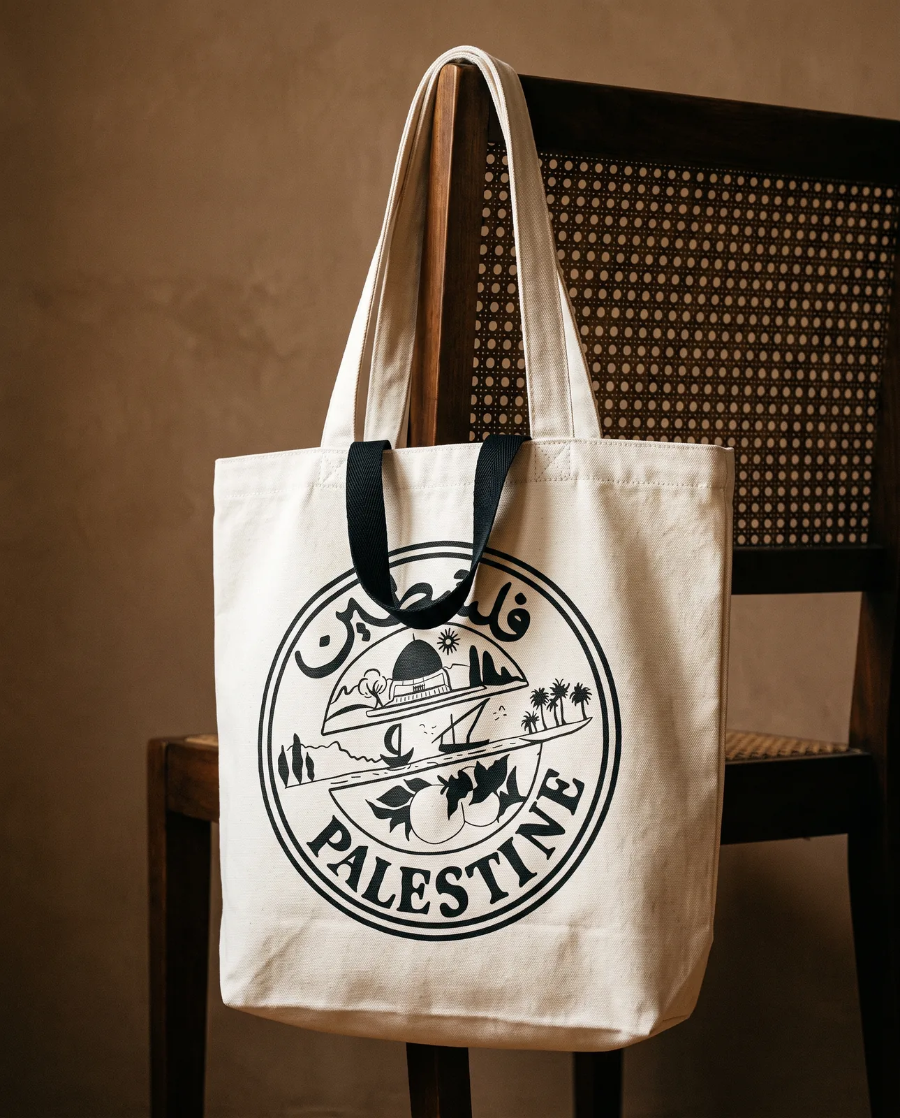 The canvas tote on a cane chair, the Palestine seal on the front, long cream shoulder straps and short black hand straps