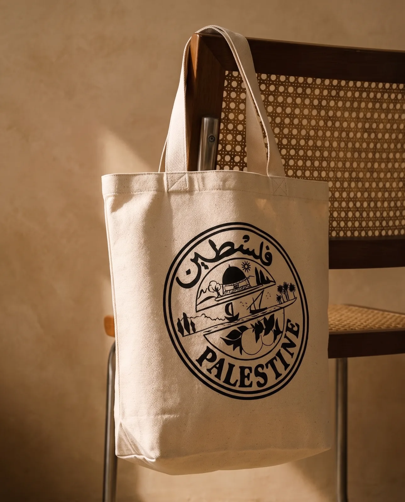 The tote hung by the shoulder straps in low sun, the Palestine seal centred on the front